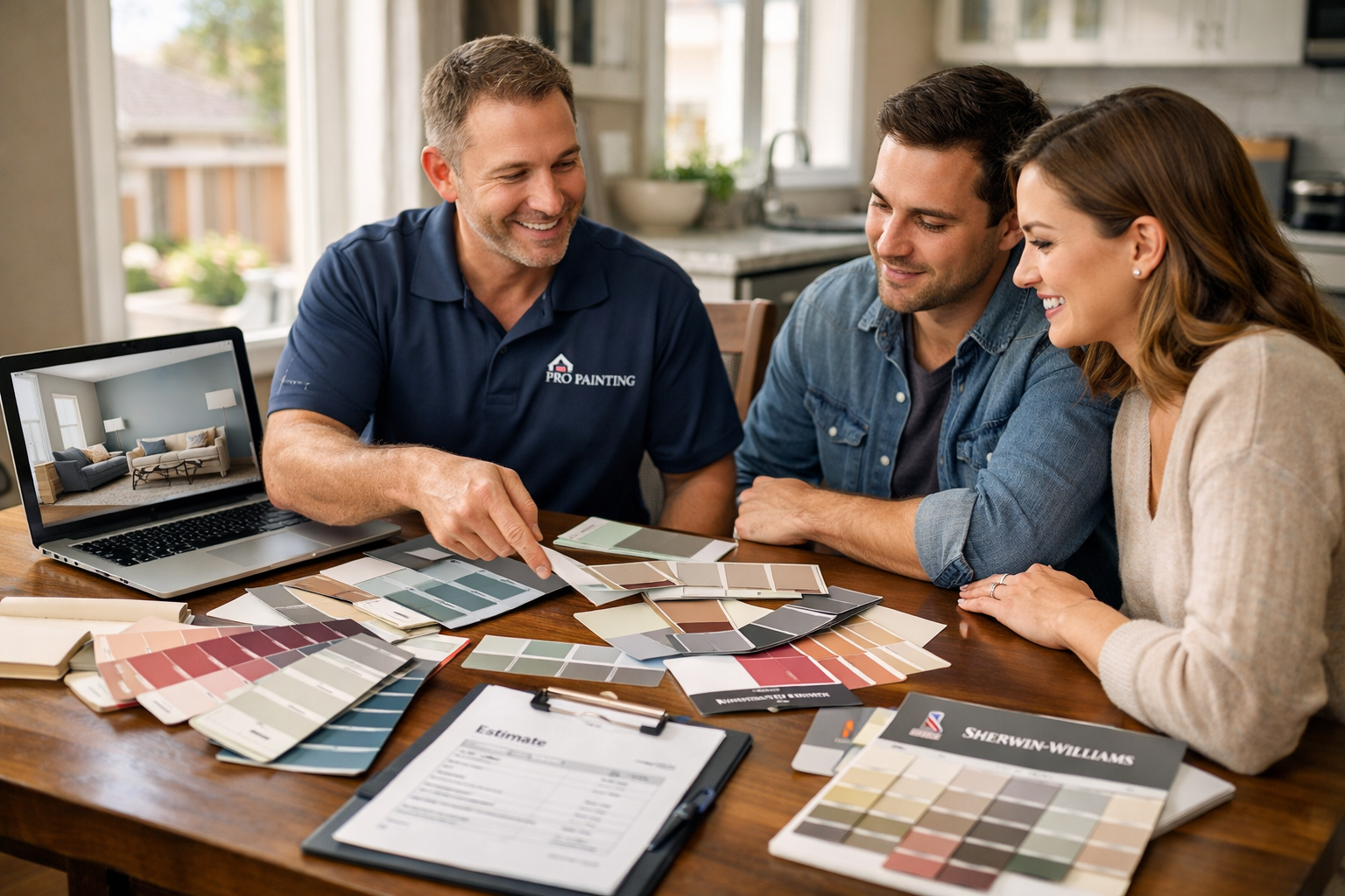 Expert Paint Consultation Manassas VA | Free Color Selection Service Professional painting consultant reviewing color samples with Manassas homeowner - expert interior design guidance and personalized paint selection service